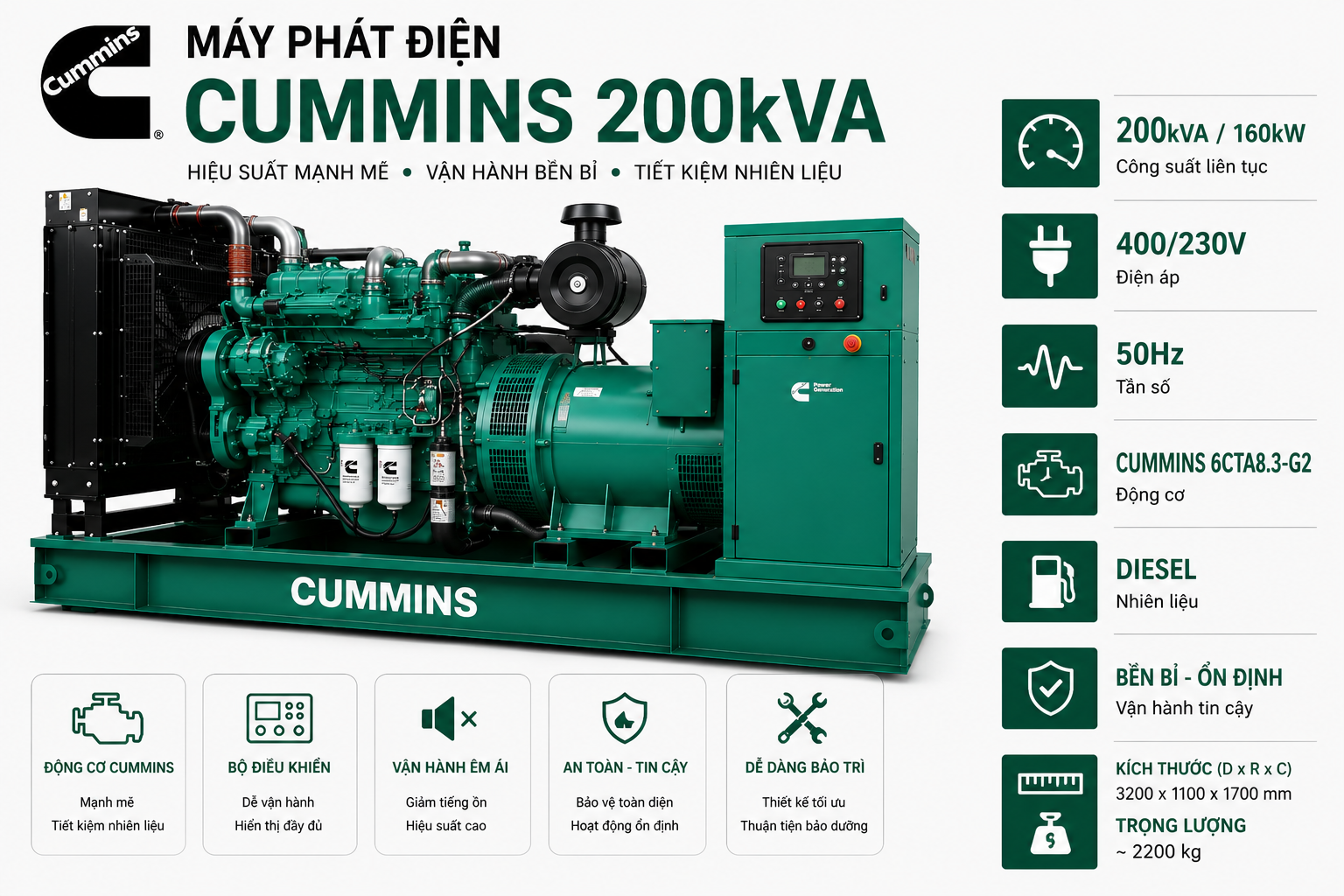 mẹo tiết kiệm nhiên liệu Cummins 200kVA